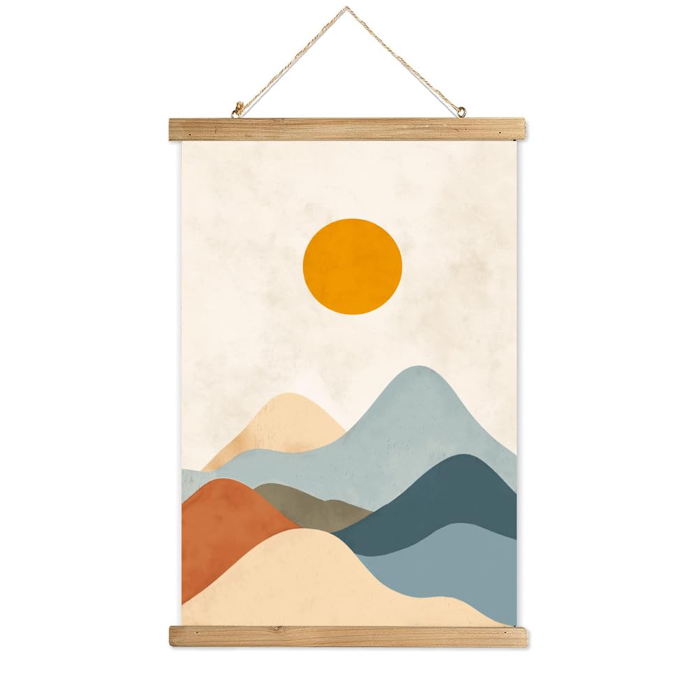WEBEEDY Sunshine Gold Mountain Scroll Poster Hanger, 40x58 cm Nature Poster with Wooden Scroll Frame Sun and Mountains Poster Wall Hanging Decor Vintage Art Scroll Poster for Bedroom Home Decor