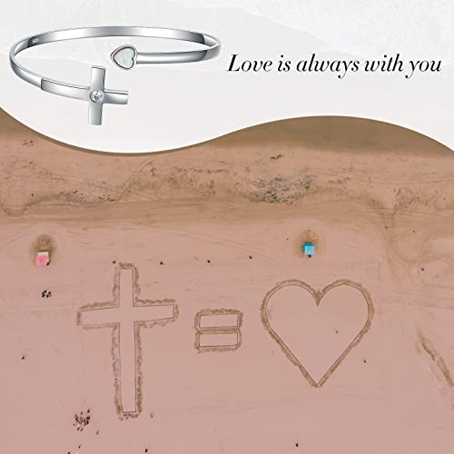 925-Sterling-Silver Cross Bracelet For Women - Opal Heart Cross Bangle Religious Jewelry For Confirmation Religious Gifts For Teen Girls Mother #TOP1