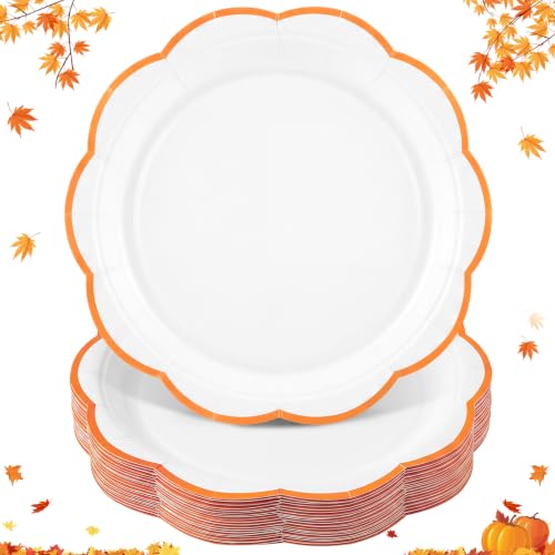 Image of 30 Pcs Orange and White Paper Plates 9 In Scalloped Fall Plates Disposable | White Plate with Orange Trim Thanksgiving Plate for Baby Shower, Wedding, Bridal Shower, Birthday, Picnic