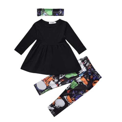 Image of HINTINA 3PCS Baby Girls Halloween Outfits Skull Tops Ghost Leggings Pants with Csarf Hat Clothes set