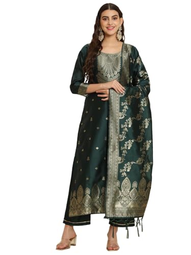Image of VredeVogel Women's Cotton Silk Jacquard Kurta Pant Set with Banarasi Silk Dupatta