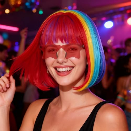 Image of ANOGOL Hair Cap + (Sunglasses) Rainbow Bob Wig with Bangs Womens Party Wigs with Star-Shaped Glasses Short Neon Wig Daily Party Fun Wigs Women Halloween Costume Bachelorette Hair
