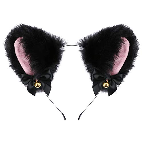 Faux Furry Cat Ears Headband with Bells,Anime Faux Fur Fox Cat Ears Headband Cosplay Accessories Girl Plush Neko Cat Ears Headwear Hairband for Halloween Costume Party Fancy Dress(Black-Inner Pink)