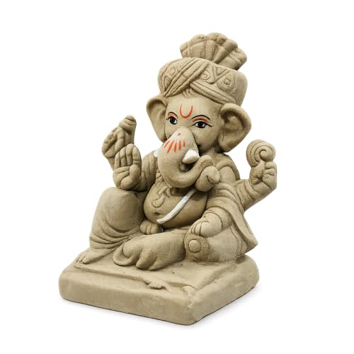 Image of Clay Ganesh Idol, 4 Inches Height, Water Soluble Ganpati Murti for Ganpati Visarjan (Small) (Natural Brown - Pagri Ganesha)