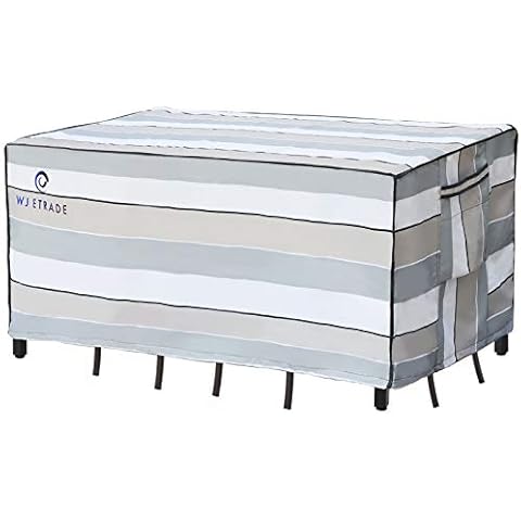 WJ-X3 Heavy Duty Oxford Fabric 108 x 78 x 32 Inch Waterproof Outdoor Table Cover with Adjustable Clips and Concealed Moisture Reducing Vents, Striped Cover