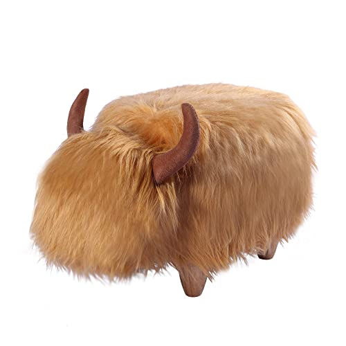 Image of GIA Kids Ottoman with Storage, Foot Stand and Wooden Legs, MacGregor Highland Cow, Brown