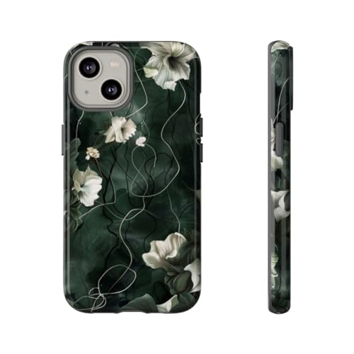 Coque iPhone 14 rigide brillante à motif floral vert foncé tendance
