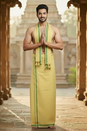 Image of Men's Cotton Dhoti & Towel set | Traditional South Indian Mundu | Soft Vesti for Men | Daily & Festive Wear | 2mtr | 33 x 66 cm Towel