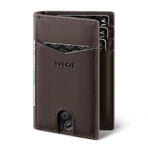 VULKIT Bifold Front Pocket Slim Wallet RFID Blocking Minimalist Thin Genuine Leather Credit Card Holder Wallet for Men and Women Nappa Espresso