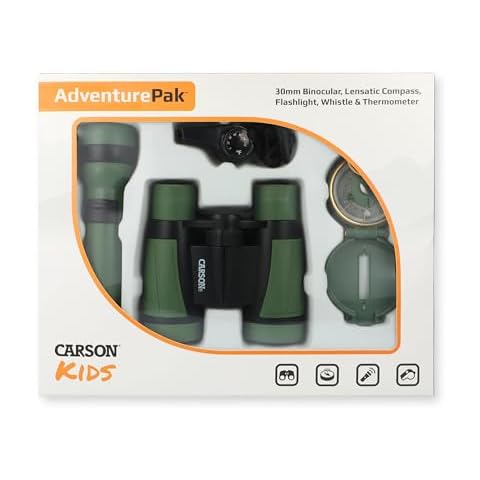 Carson AdventurePak Containing 30mm Kids Field Binoculars, Lensatic Compass, Flashlight and Signal Whistle with a Built-in Thermometer (HU-401), Multicolor Cover
