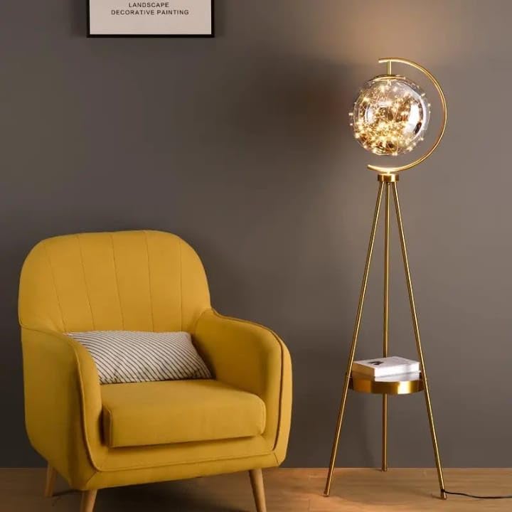 Image of blissbells Modern Crystal Globe Floor Lamp with LED String Lights & Shelf | Gold Tripod Standing Lamp for Living Room, Bedroom & Home Decor | Decorative Ambient Corner Lighting Lamp