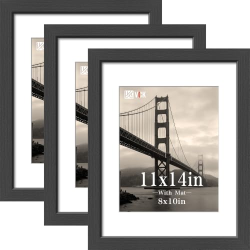 VCK 11x14 Picture Frame Set of 3, Black Oak Wood, Real Glass, Wall Hanging