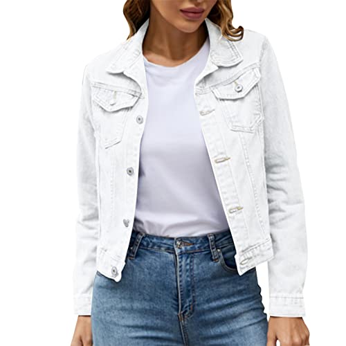 Women's Stretch Denim Jacket Basic Solid Button Down Jean Coat Relaxed Fitted Long Sleeves Shacket Outerwear with Pockets