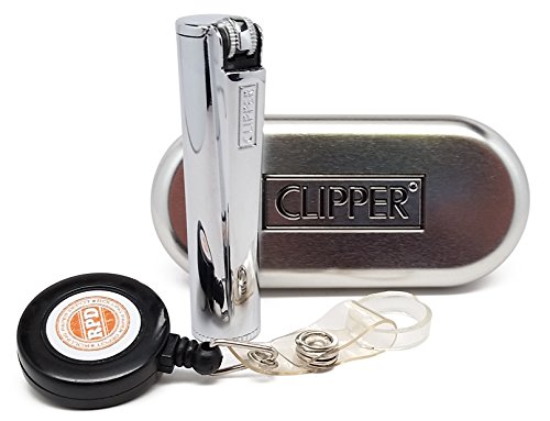 Clipper Metal, Flip Top"Gasoline" Cigarette Lighter with RPD Lighter Leash - Shiny Chrome