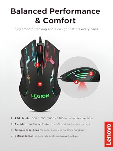 Image of Lenovo Legion M200 RGB Gaming Wired USB Mouse, Ambidextrous, 6-Buttons, Upto 2400 DPI with 4 Levels DPI Switch, Multicolor-Colour RGB Backlight (GX30P93886)