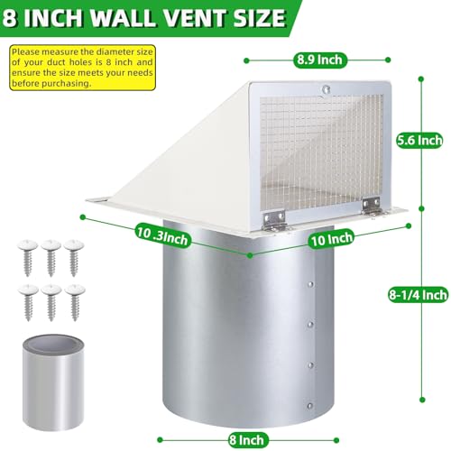 8 Inch Hooded Wall Vent with Screen and Damper,Outdoor Wall Exhaust Vent Cover Cap for Kitchen Range Hood Dryer Duct Ventilation &Exterior Air Exhaust Applications,Galvanized Steel,White by JYINCPED - Used condition - Image 2