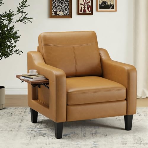 COLAMY Modern Accent Chair with Foldable Table, 2 Side Pockets,Upholstered Living Room Side Chair Wooden Leather Armchair, Single Sofa for Bedroom/Office/Reception Room, Brown by COLAMY - Used condition - CA$236.78