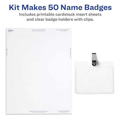 Image of Avery Customizable Name Badges, Clip Style, 3 inch x 4 inch, Clear Name Tag Holders, White Laser /Inkjet Printable Inserts, 50 Count (74536) (Pack of 5)