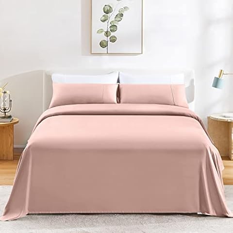 GOKOTTA Bamboo Sheets King Size - Cooling Sheets 4 Pieces, Soft & Silky Sweet-Dream Series, 16" Deep Pocket, Breathable & Hypoallergenic,Pink Bed Sheet Set Cover