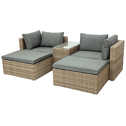 Lukeo Outdoor Patio Furniture 5-Pcs Set Wicker Rattan Sectional Sofa Set 2 Corner Chair+1 Tea Table+2 Ottoman Brown&Gray #TOP3