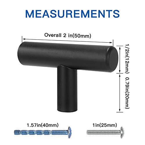 Eathtek 15 Pack Flat Black Cabinet Handles, Modern Stainless Steel Kitchen Drawer Knobs T Bar Pull for Furniture Cabinet, Drawer, 2 inch (50mm) Overall Length