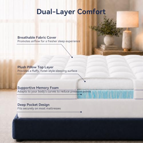 ABENE California King Size Dual Layer 3 Inch Memory Foam Mattress Topper, 2 Inch Memory Foam Bed Pad and 1 Inch Down Alternative Pillowtop Mattress Pad Cover, Plush Soft Bed Topper for Back Pain — view 3