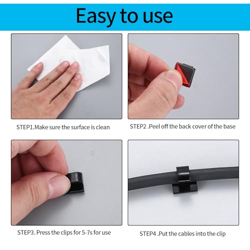 105 piezas de clips autoadhesivos para cables, sujetadores de cables adhesivos negros para gestión de cables en pared y debajo de escritorio, clips para cables Ethernet y TV miniatura 4