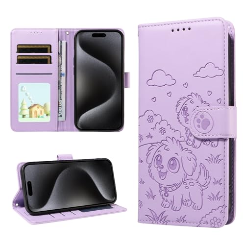 WOWUDI Funda para OPPO A16 4G / A16S / A54S,Funda Tipo Cartera [Ranuras para Tarjetas][función Soporte] con Grabado de Perro Bonito Funda Protectora de Cuero PU con Correa de muñeca -Morado