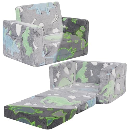YINIX Toddler Couch - Kids Sofa - 2-in-1 Sherpa Kids Couch - Glow in The Dark Kids Fold Out Couch - with Cute Pattern Design - Gifts for Kids - for Girls and Boys(Dinosaur)