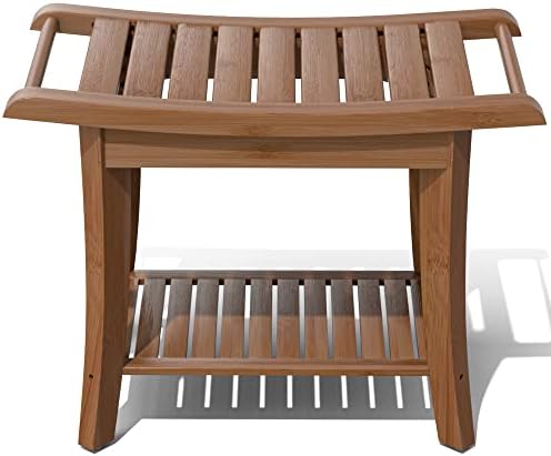 Bamboo Shower Stool Bench Waterproof with Storage Shelf for Shaving Legs or Spa Bath Seat in Bathroom & Inside Shower for Adults Seniors Elderly (24 x 13.4 x 18.5 inches+Walnut)