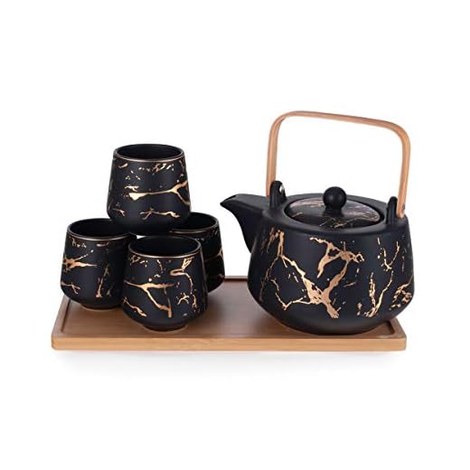 Hinomaru Collection Modern Style Marble Design Porcelain Tea Set 42 fl oz Teapot with Handle and 4 Tea Cups On Wooden Tray Contemporary Tabletop Decor (Black)