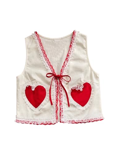 MakeMeChic Women's Cute Tie Front Vest Heart Lace Trim V Neck Tops Sleeveless Pocket Outerwear