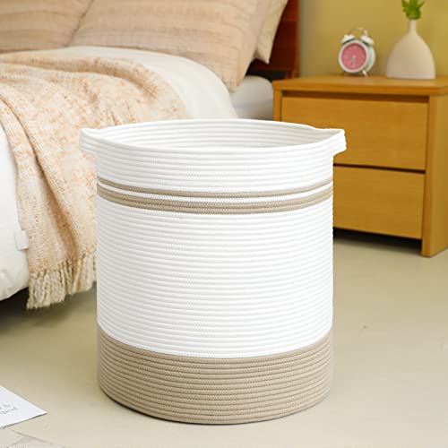 Oiahomy 80L Laundry Basket, Laundry Hamper, Cotton Rope Storage Basket With Handles, Decorative Woven Basket For Living Room,Storage Baskets For Clothes, Blankets, And Toys -20"×18"-Yellow&White #TOP1