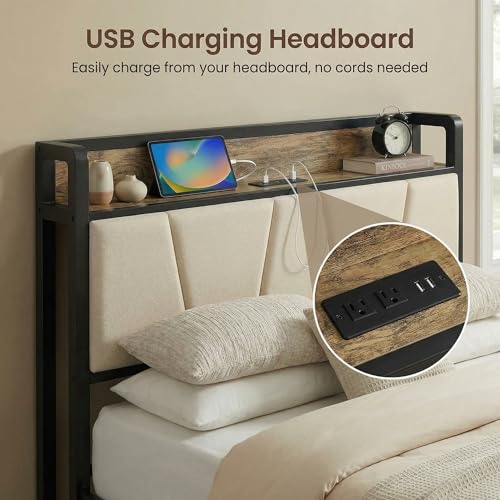 Image of LIKIMIO Twin Bed Frames with Storage Headboard & Charging Station | Upholstered Headboard, Storage Shelf, Solid and Stable, Noise Free, No Box Spring Needed, Easy Assembly (Walnut and Beige)
