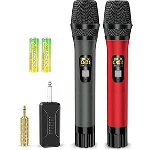 Wireless Microphones, Professional UHF Metal Dual Handheld Cordless Dynamic Mic System with Rechargeable Receiver, 1/4‘’Output, 160ft Range, Auto Connect for Karaoke, Party Singing, Church, Speech, DJ