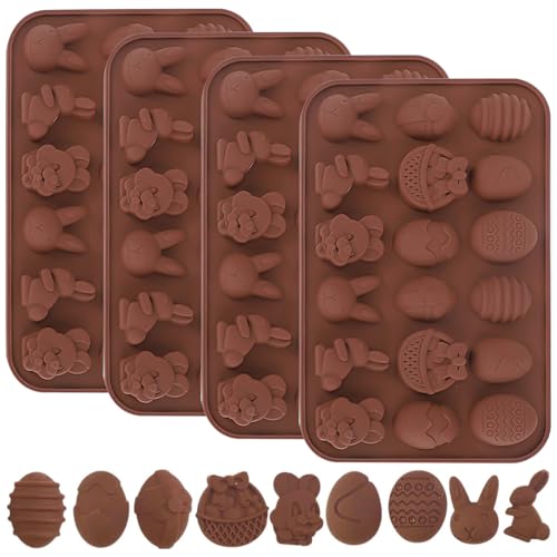 YXHZVON Lot de 4 Moules à Chocolat en Silicone Antiadhésifs avec 18 cavités, Lapin et œufs de Pâques pour la Fabrication de Gâteaux, Gelées, Muffins, Chocolat