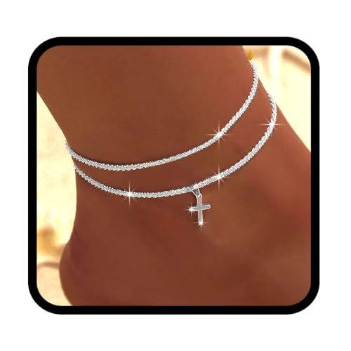 Image of Yalice 925 Sterling Silver Ankle Bracelets for Women Dainty 14K Gold Plated Anklets Set Shiny Waterproof Ankle Chain Cross Beach Foot Jewelry Gifts