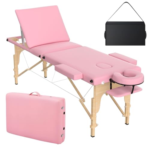 OmySalon Massage Table Portable Massage Bed 84 x 24 Salon SPA Tattoo Bed Lash Table Height Adjustable with Carrying Bag Face Cradle & Wooden Frame (Pink 3-Fold)
