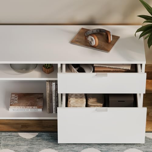 Image of Wakefit TV Unit | 1 Year Warranty | TV Stand Table, TV Unit for Living Room, TV Cabinet, Cabinet Engineered Wood Cabinet with 2 Drawers & 2 Shelves (Serendipity, Frosty White)
