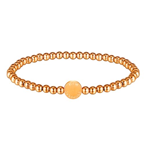 Kim Johanson® Pulsera de cuentas de acero inoxidable para mujer en oro rosa, pulsera de perlas con bolas de 4 mm, resistente al agua, pulsera de bolas elástica, hecha a mano, con caja de regalo