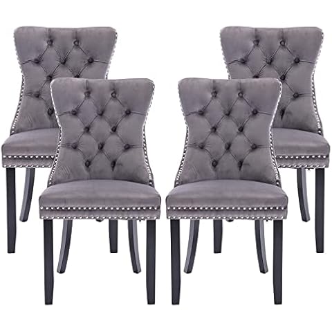 Qtivii Velvet Dining Chairs Set of 4, Tufted Dining Room Chairs with Button Back, Nailhead Trim, Upholstered Dining Chairs for Kitchen, Bedroom, Restaurant (Grey) Cover