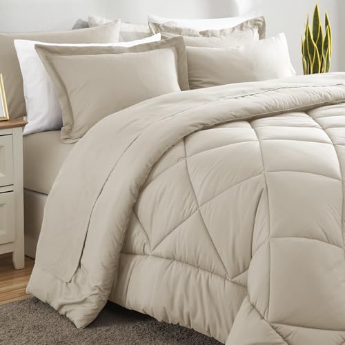 image for CozyLux Queen Comforter Set with 7 Pieces Bed in a Bag - Oatmeal All S