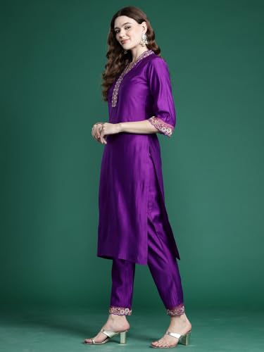 Image of INDO ERA Silk Women's Liva Solid Straight Kurta and Pant with Dupatta Set (KH1PR9632)