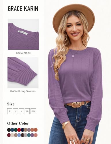 Image of GRACE KARIN Fall Sweaters for Women 2026 Puff Long Sleeve Crewneck Dressy Casual Tops Crochet Hollow Out Cute Pullover Blouse
