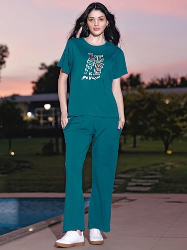Image of ZEYO Night Suit for Womens Typography Printed Cotton Night Dress of Top and Wide Bottom Pyjama