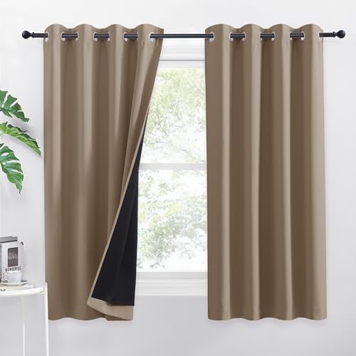 PONY DANCE Cortinas Cortas Dormitorio 2 Piezas Cortinas Opacas Aislantes Luz con Ojales Cortina Termica Aislante Frio y Calor Cortinas 100% Blackout, 140x145 CM, Moca