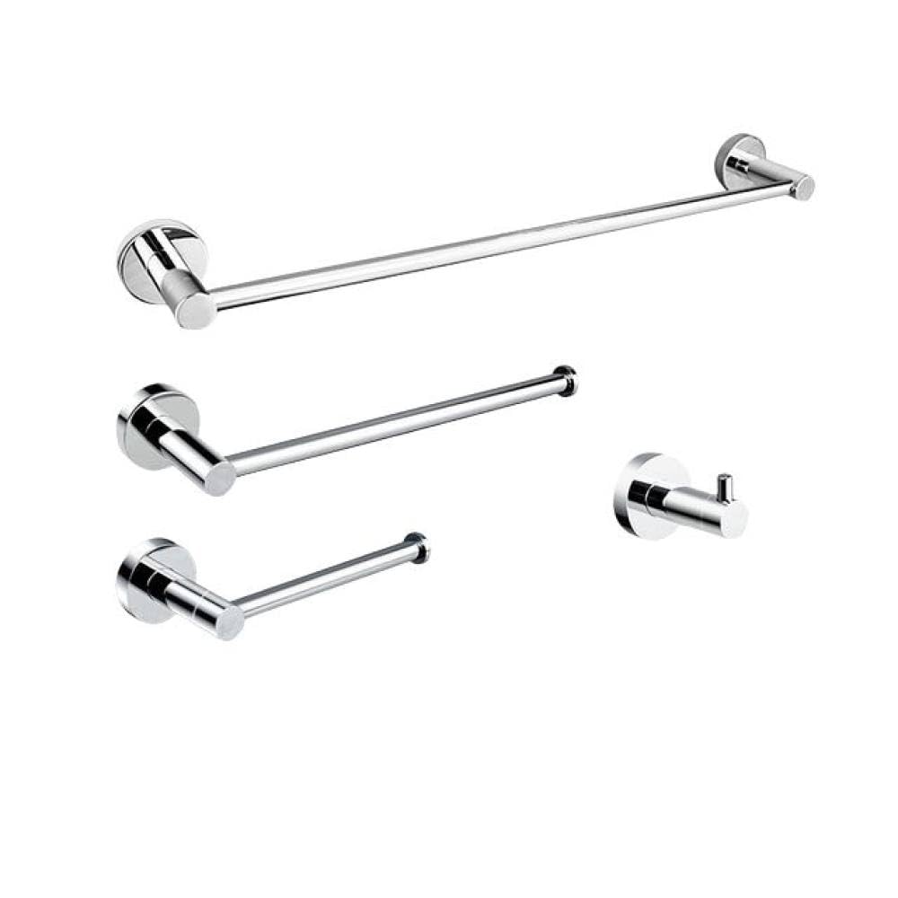 Lot de 4 accessoires de salle de bain en acier inoxydable chromé – Porte-serviettes, porte-savon, crochet pour peignoir et brosse de toilette – Design mural moderne pour décoration d'intérieur