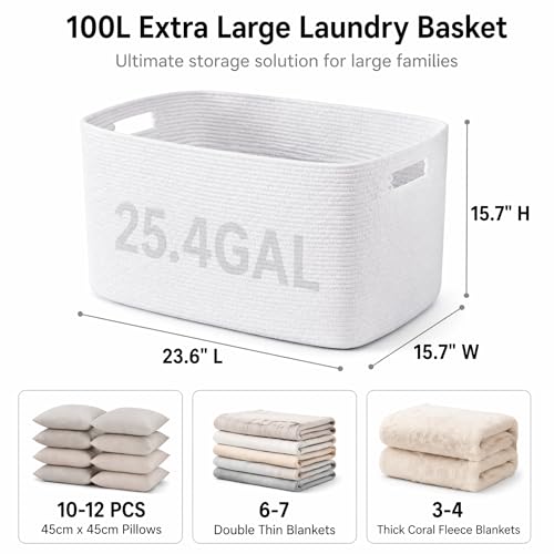 Image of Cotton Rope Laundry Basket Extra Large, 25.4GAL Collapsible Woven Storage Baskets for Living Room Kids Toys Stuffed Animal,Boho Rectangular Decorative Hamper for Dirty Clothes, Blankets Pure White