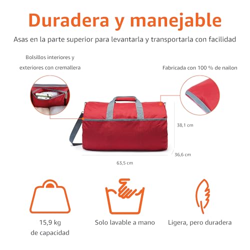Miniatura 2 de Amazon Essentials Macuto De Lona, Bolsa De Viaje Almacenaje Grande Y Plegable Con Bolsillos Con Cremallera, 63,5cm, Capacidad De 15,9kg, Rojo