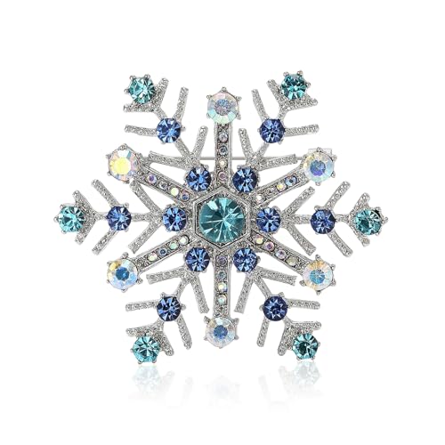 Snowflake Brooch Pins for Women Vintage Rhinestone CZ Winter Flower Lapel Pins Crystal Christmas Brooch Badge Pins Cloth Dress Accessories Jewelry for Christmas (Blue)